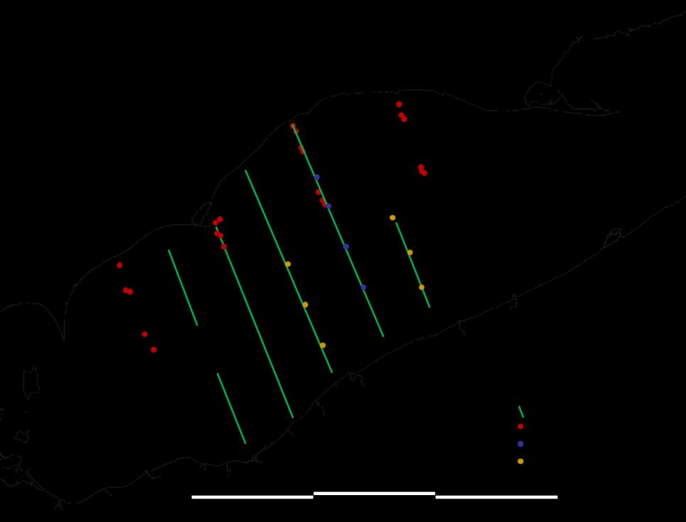 Figure 4.2.1 Hydroacoustic transects and midwater trawling stations in the central basin, Lake Erie, July 5-8, 2011. Transect numbers are Loran-TD lines. 57850 57725 57475 57600 57975 Figure 4.2.2. Density estimates of age-0 rainbow smelt (fish * ha -1 ) per distance interval along hydroacoustic transects in the central basin, Lake Erie.