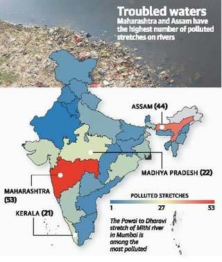 Why in news? According to an assessment by the Central Pollution Control Board (CPCB). The number of polluted stretches of the country's rivers has increased to 351 from 302 two years ago.