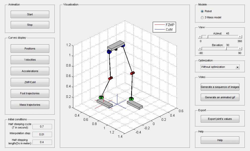 Fig. 6. Graphical User Interface of SHERPA biped robot simulator VI. SIMULATION RESULT A simulator for SHERPA biped robot was developed using the Graphical User Interface of Matlab TM software.