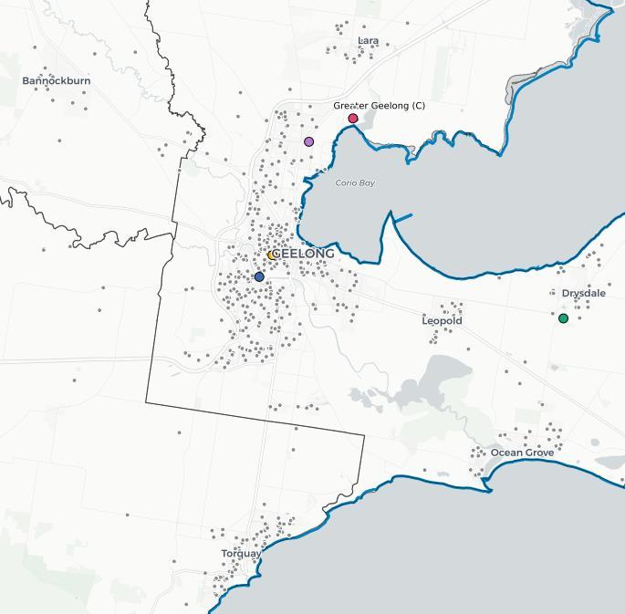OPPORTUNITIES OUTSIDE GEELONG Further analysis of 2017 membership data identified key participation hot spots in areas outside of central Geelong that have no (or very limited) hockey provision.