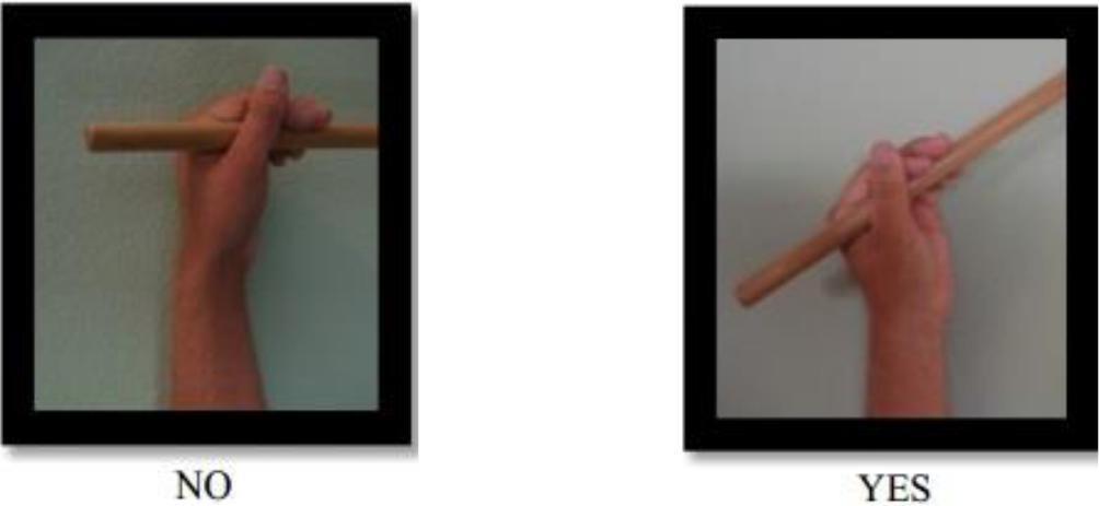 Left Hand: Back of the stick should rest naturally in the webby connection between the thumb and index finger Stick rests on the cuticle of the relaxed ring finger Pinky rides relaxed underneath the
