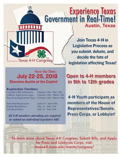 4-H News and Updates 4-H members interested in Congress Due to a limited number of spots for each district we can only select one individual and one alternate.