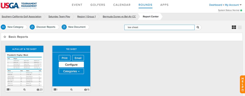 To print a Tee Sheet with Player Course Handicaps, head to your Dashboard, select the link to the Advanced Mode in USGA TM. Navigate to the Rounds Menu > Report Center.