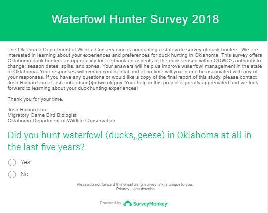 Waterfowl Hunter Survey Opportunity to hear from hunters across OK & US Internet survey