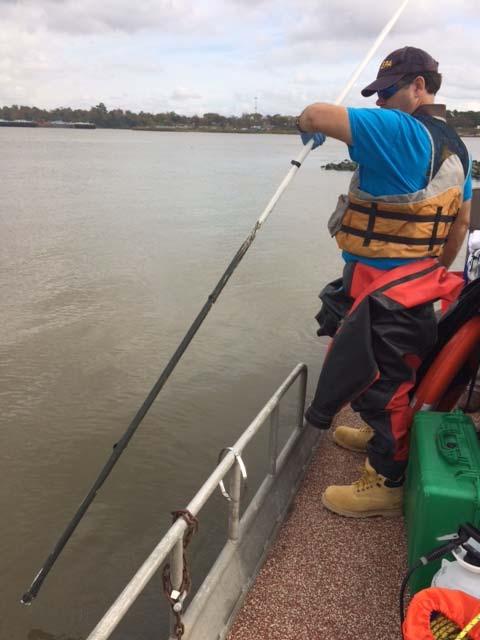The diver was not able to walk because he sank into the silty bottom in the area immediately adjacent to the boat.