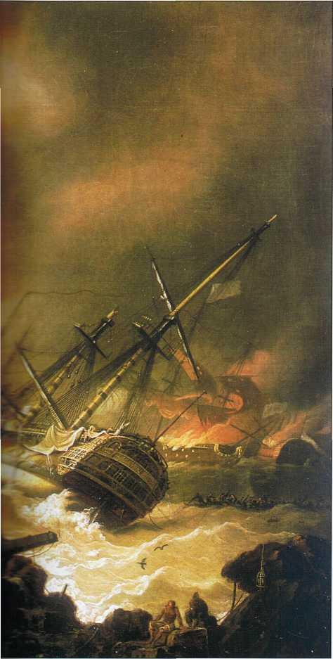 The fighting 35 Battle of Quiberon Bay, 20 November 1759 - detail of ships breaking up in the foreground.