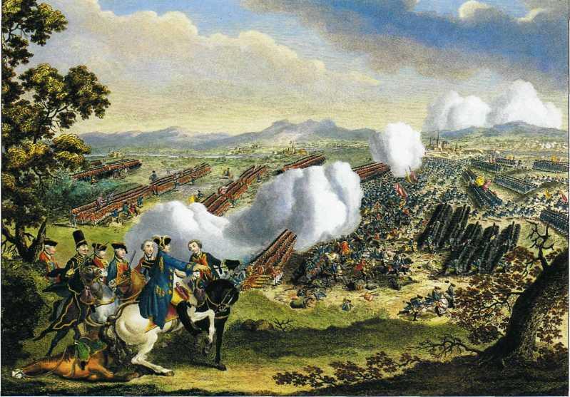 The fighting 63 Battle of Minden, 1 August 1759.The foreground clearly depicts the French cavalry charging the Allied infantry battalions. (Anne S.K.