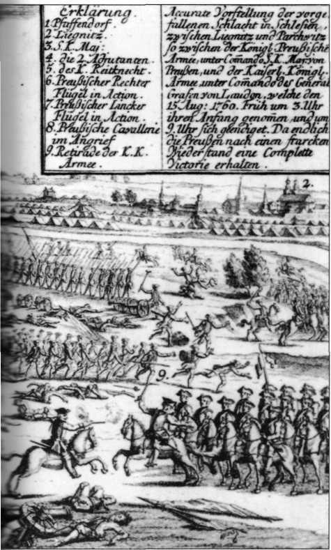 The fighting 69 Battle of Liegnitz, 15 August 1760. The Prussians are numbered as groups 6, 7, and 8 (across the middle of the image), while the Austrians are listed as number 9 (right foreground).