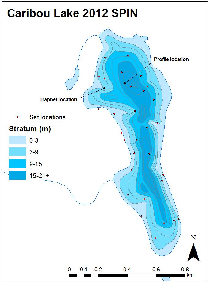 Appendix 4 - Caribou Lake 2012 SPIN set locations, trapnet location and profile location.