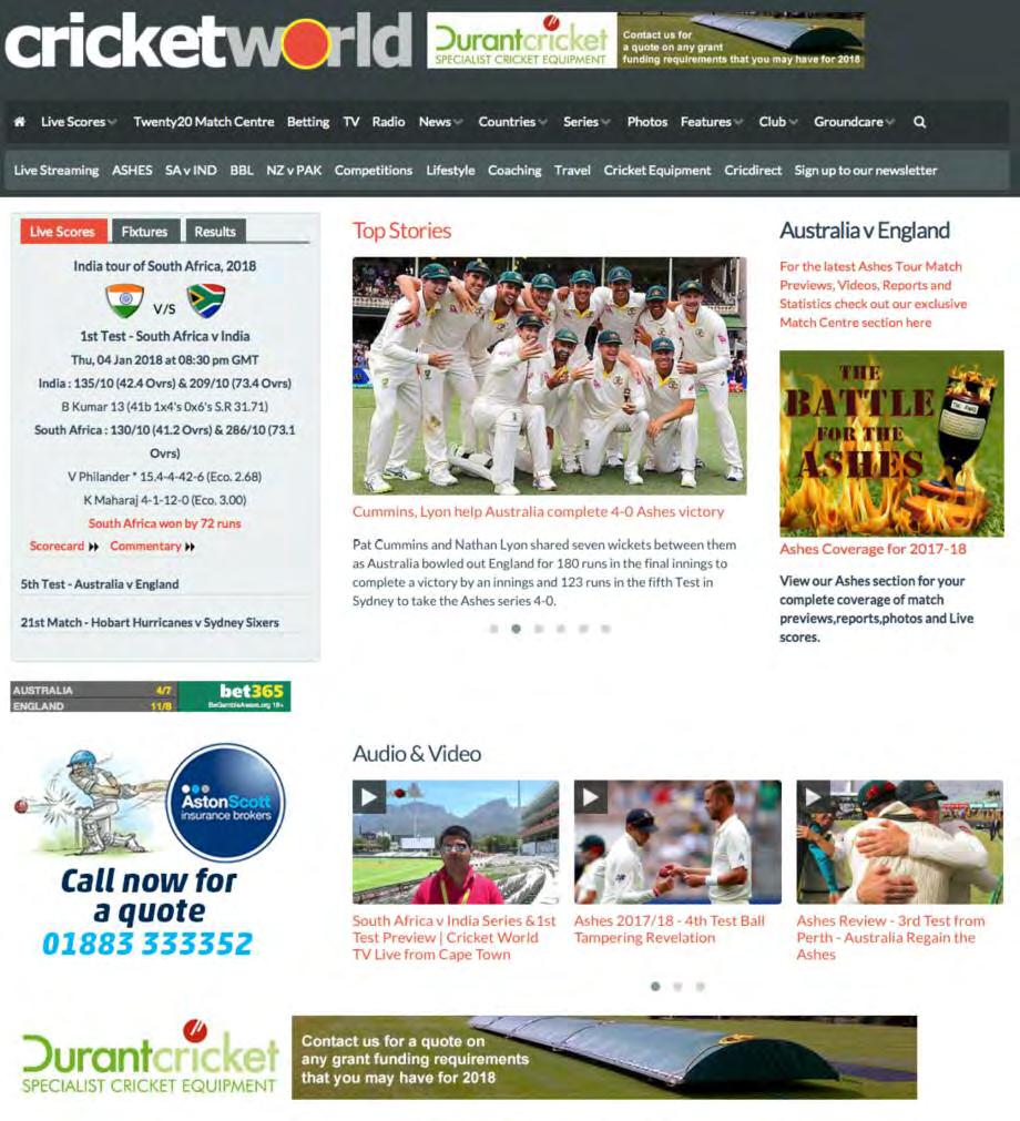KEY WEBSITE AREAS HOME PAGE featuring latest news, live scores