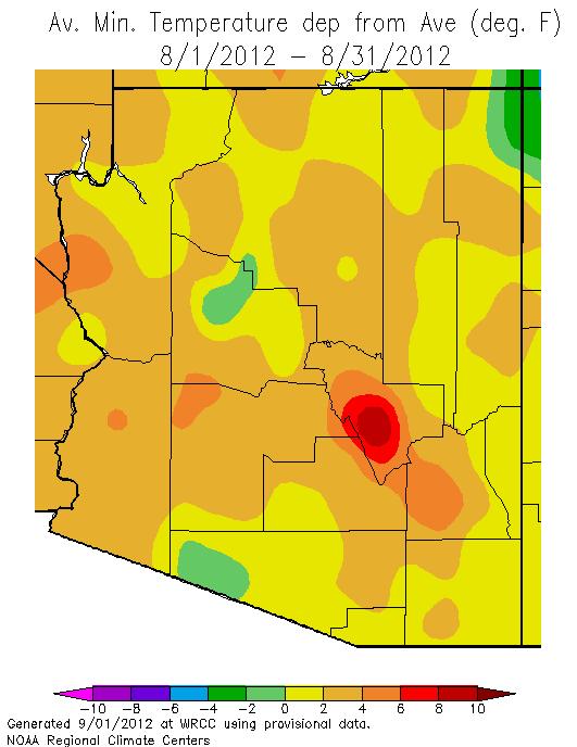 August minimum temperatures were 2 to 4 o F warmer than normal statewide, with very warm conditions in Gila County.
