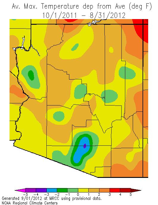 Daytime temperatures have generally been warmer than normal except in southern Pinal and central Pima counties where clouds and precipitation during the monsoon have kept temperatures 1-3 o F