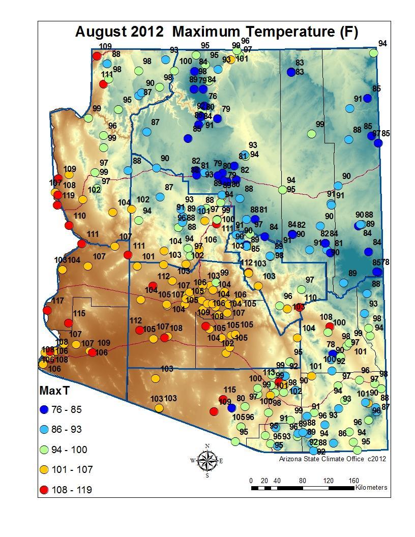 August 2012 Temperature, Dew Point, Wind Speed, and Precipitation Maps are based on preliminary data from the National Weather Service, the Arizona Meteorological Network (AZMet), operated by the