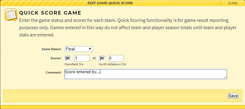 Quick Score Entry Method Edit Mode Click the Quick Score button to enter the Final Score of the game.