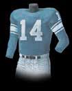 UNIFORM HISTORY 1934-1947: The first uniform donned by the Detroit Lions included a blue jersey with gleaming silver numerals, silver pants and a silver helmet. The shoes were black.