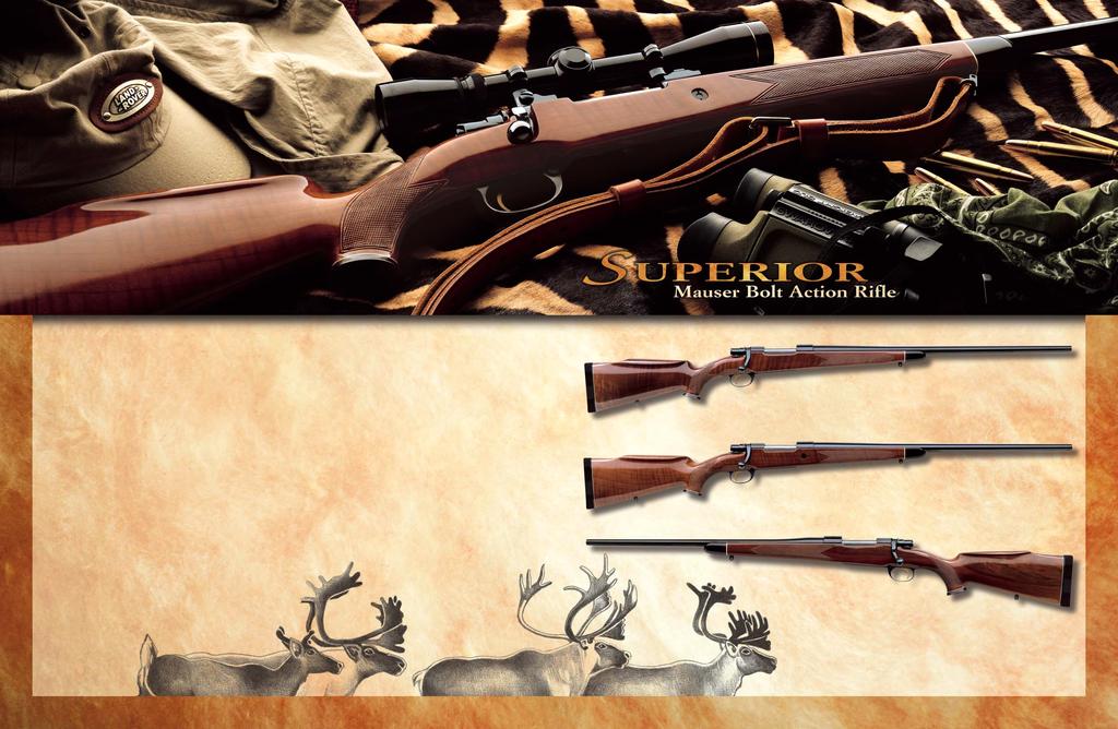 Charles Daly Superior Grade Mauser bolt action rifles feature a highly polished blued barreled action with gold plated trigger fit to a high luster, hand checkered select European walnut stock.