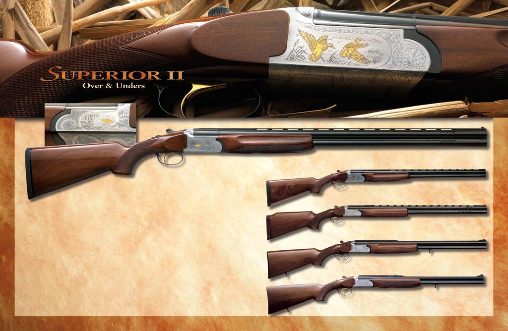 SUPERIOR II SPORT Clay bird gold inlays Factory ported barrels 10mm wide ventilated rib 5 multichokes in 28" or 30" barrels 12 gauge only SUPERIOR II HUNTER AE-MC Four gold inlays: two pheasants &