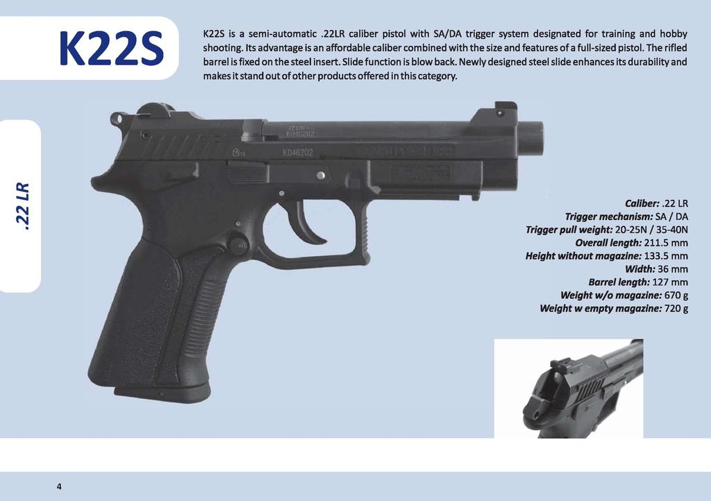 K22S K22S is a semi-automatic.22lr caliber pistol with SA/DA trigger system designated for training and hobby shooting.