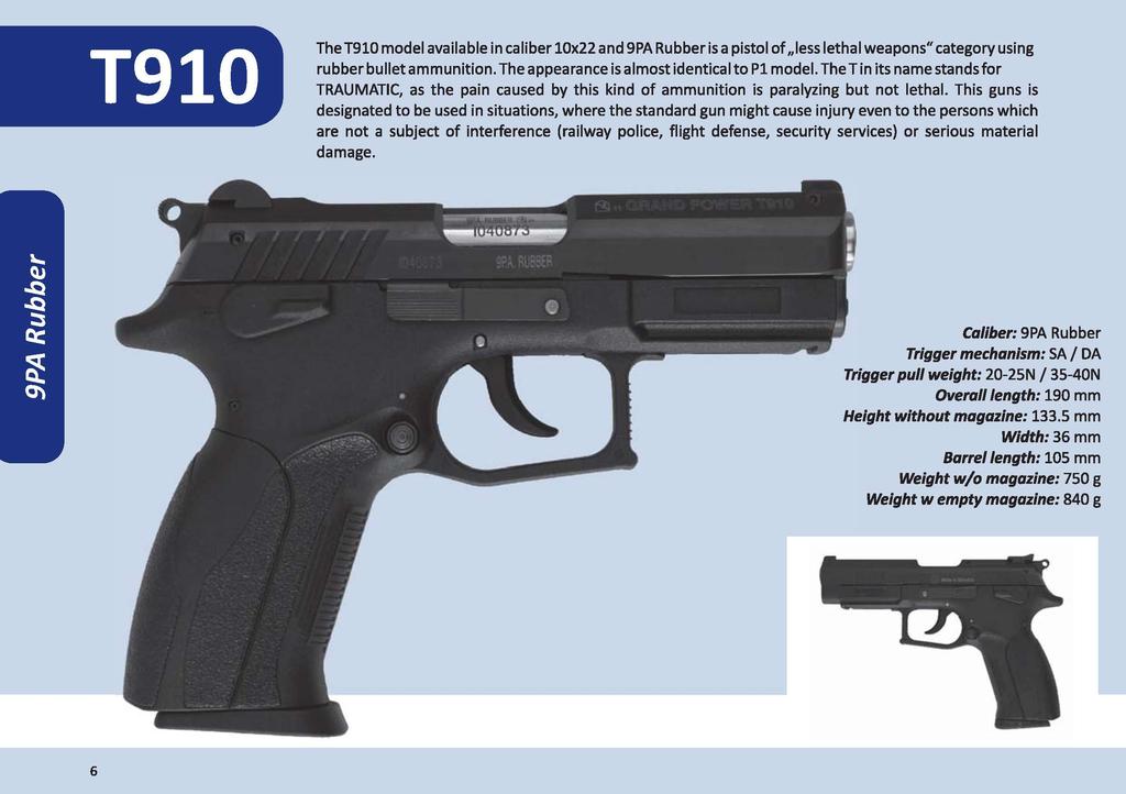 T910 TheT910 model available in caliber 10x22 and 9PA Rubber is a pistol of less lethal weapons" category using rubber bullet ammunition. The appearance is almost identical to PI model.