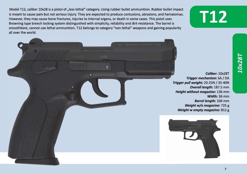 Model T12, caliber 10x28 is a pistol of Jess lethal" category. Using rubber bullet ammunition. Rubber bullet impact is meant to cause pain but not serious injury.