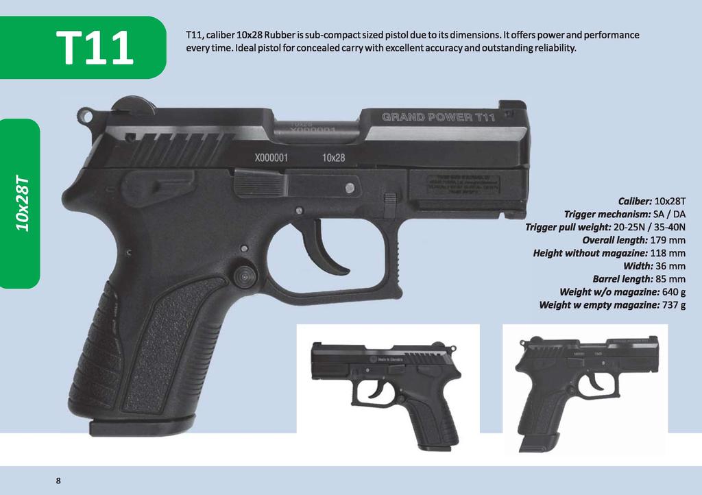 Til Til, caliber 10x28 Rubber is sub-compact sized pistol due to its dimensions. It offers power and performance every time.