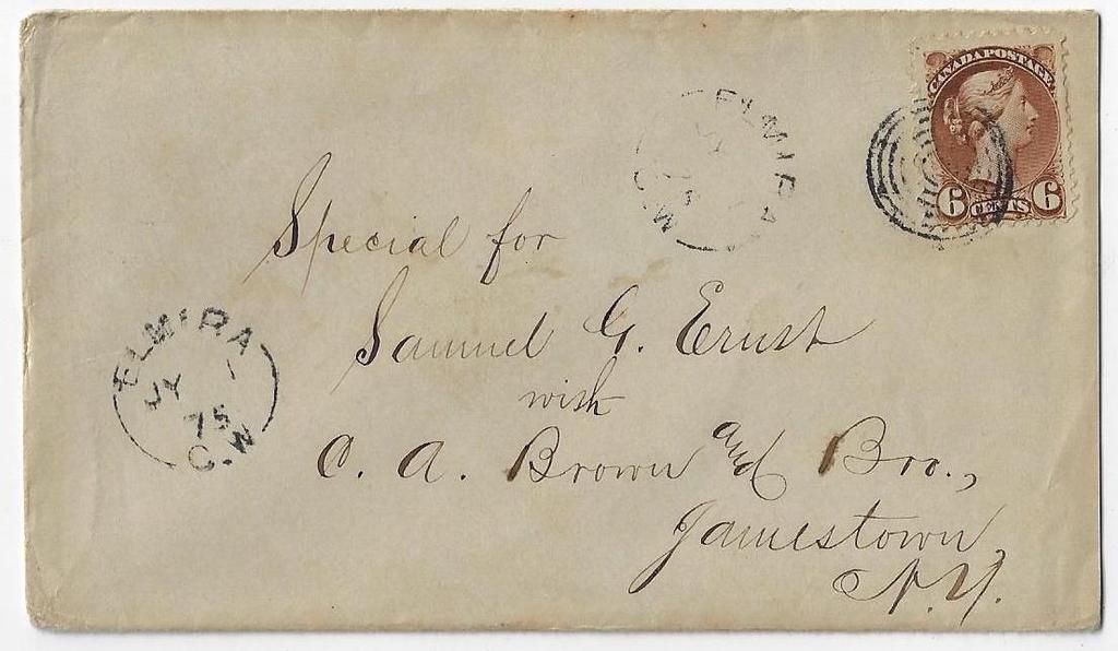 $35.00 SOLD Item 323-20 6 letter rate to US 1875, 6 SQ (11½x12 Montreal printing) tied