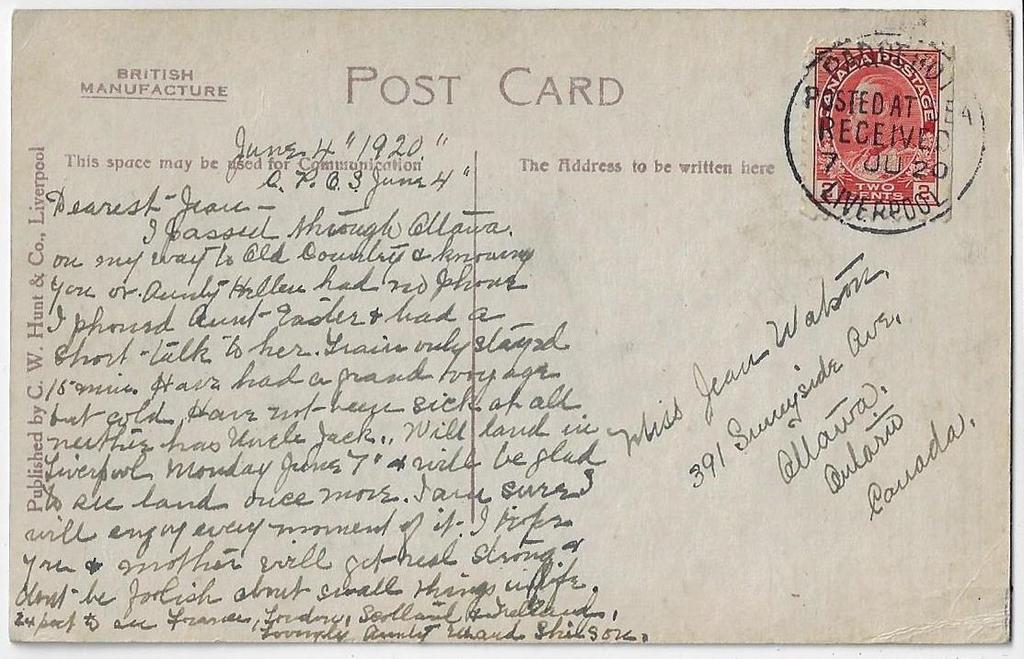 Item 323-27 Empire postcard rate mailed abroad to Canada 1920, 2 Admiral tied by Paquebot