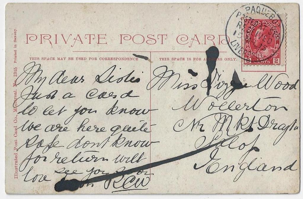 00 SOLD Item 323-28 Empire postcard rate mailed abroad 1915, 2 Admiral tied by Paquebot