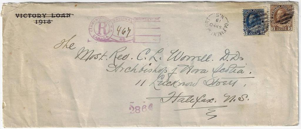 Item 323-29 Clementsport NS Keyhole 1919, 3, 5 Admiral tied by grid cancel on cover from
