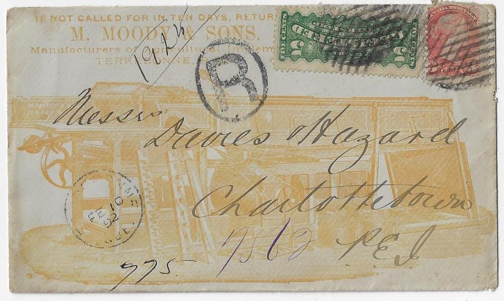 Item 323-36 5 RLS on Agricultural cover 1892, 3 SQ, 5 RLS tied by grid cancel on Moody & Sons