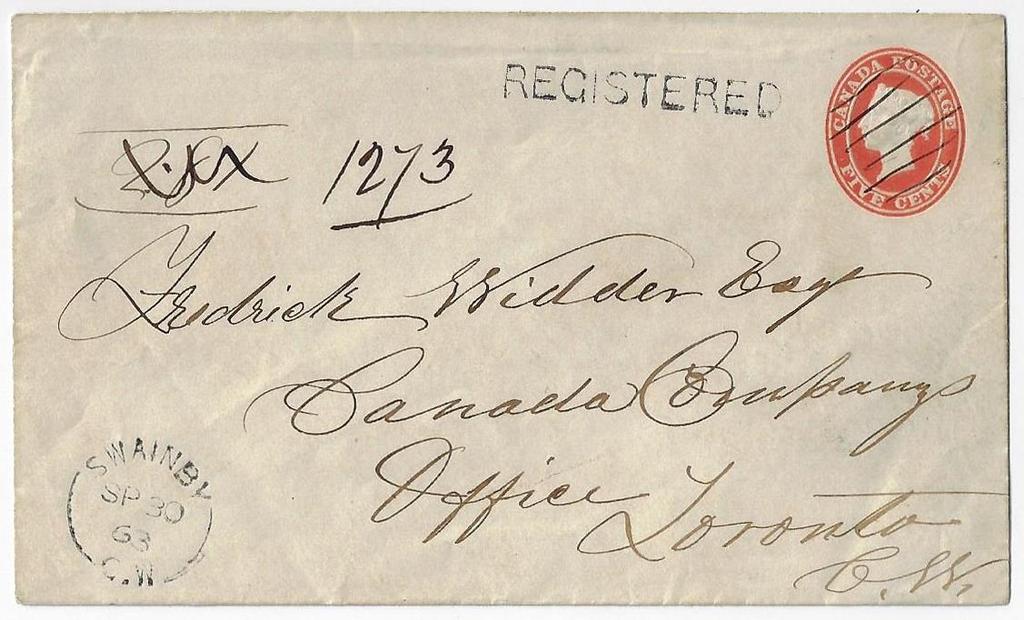 00 Item 323-04 The rarity, Swainby CW (Middlesex) 1863, 5 Nesbitt stationery envelope mailed registered from Swainby (1861-1863) paying 5 letter rate and