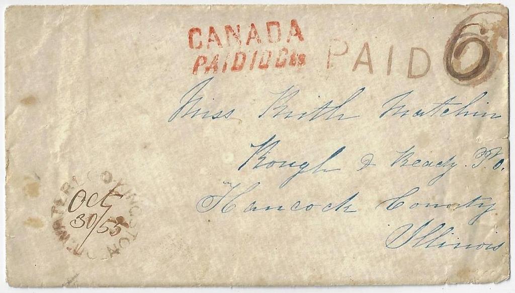 00 Item 323-06 Waterloo-Kingston UC (Frontenac) 1855, stampless cover from Waterloo-Kingston UC with paid 6 and Canada Paid 10 Cts