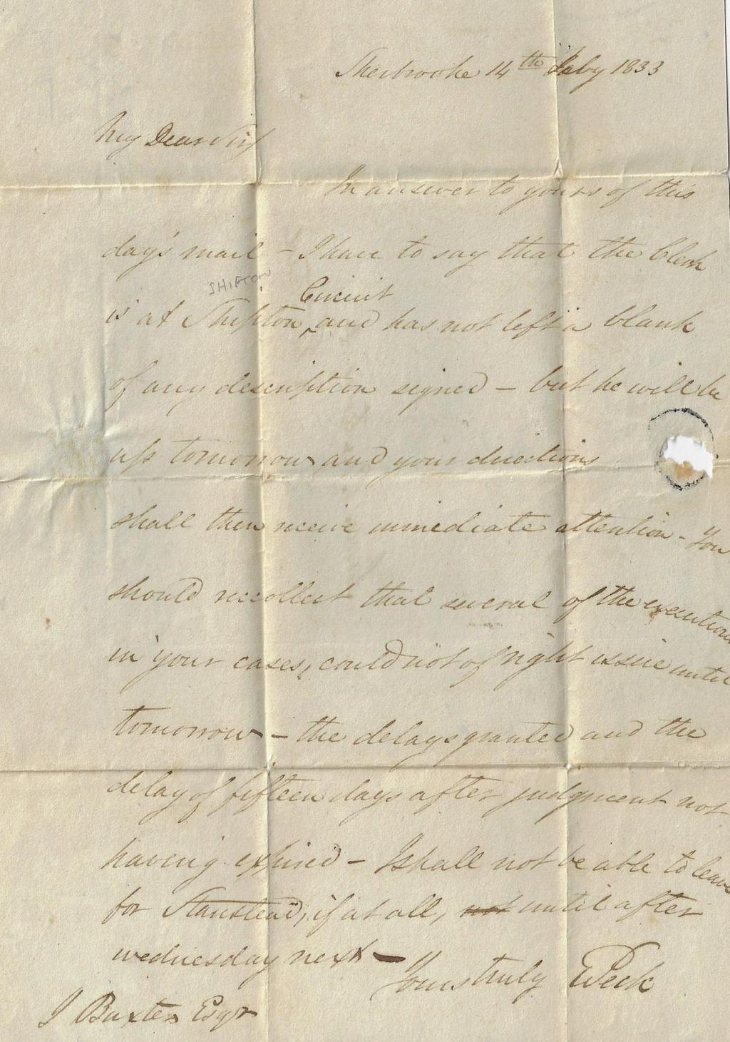 Item 323-08 Sherbrooke LC 1833, stampless folded letter from Ebenezer