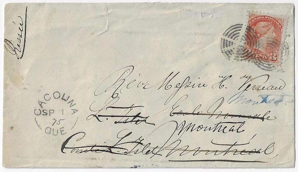 00 Item 323-12 Cacouna Que mutilated cancel 1875, 3 SQ tied by mutilated target cancel on cover from Cacouna Que paying 3