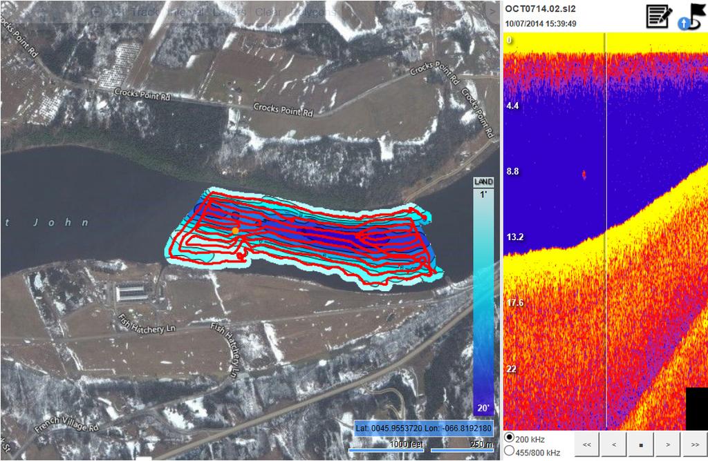 Figure 2. Example sonar log and corresponding BioBase bathymetry map output for an area of the Saint John River below the Mactaquac Generating Station (MGS) surveyed in October 2014.