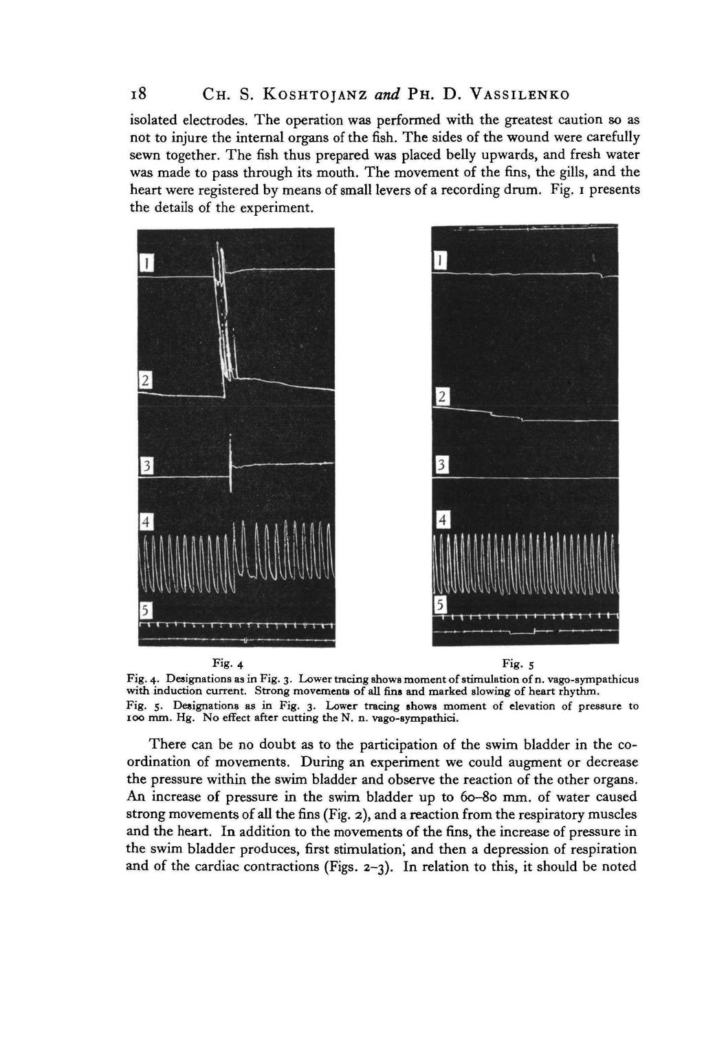 i8 CH. S. KOSHTOJANZ and PH. D. VASSILENKO isolated electrodes. The operation was performed with the greatest caution so as not to injure the internal organs of the fish.