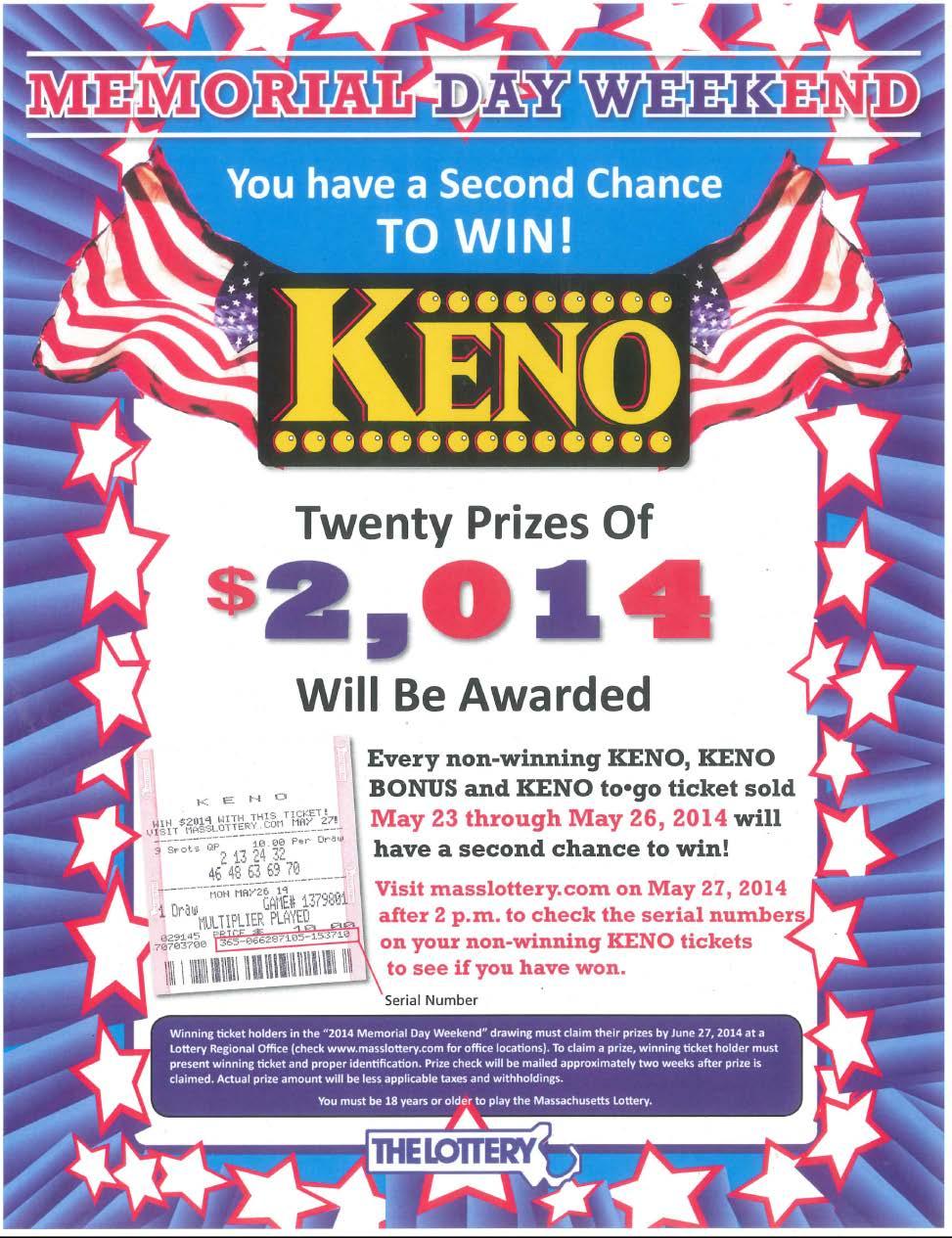 Every non-winning KENO, KENO Bonus & KENO-to-Go ticket sold from May 23 rd through May 26 th will