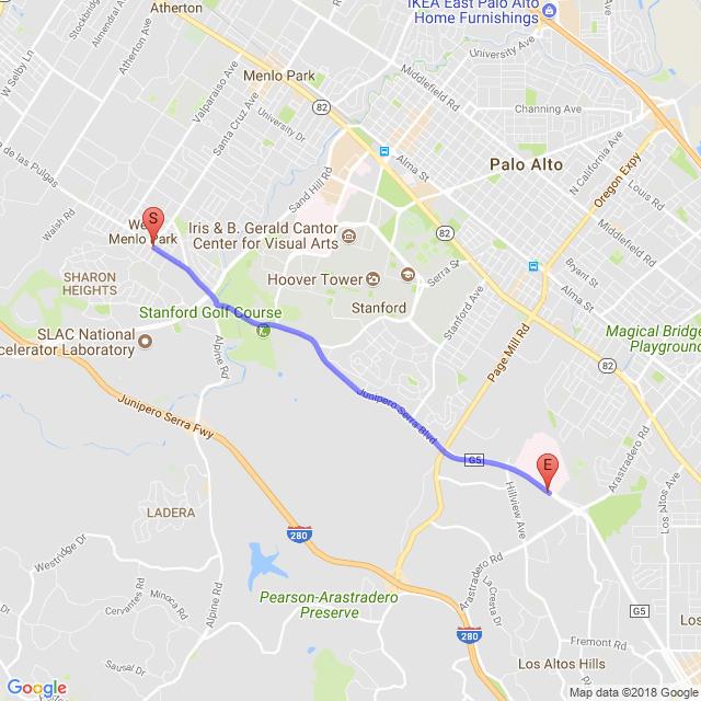 Leg 26: 4.2 miles, Easy 0.0 3600 Alameda de las Pulgas to Santa Cruz Ave. 0.6 cross to L of Santa Cruz Ave. in crosswalk. 0.7 cross Sand Hill to bike path under road, circle R.