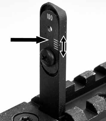 Elevation (up / down) adjustment: Elevation adjustments are made by raising or lowering the sight plate, inset on the back side of the rear sight blade.
