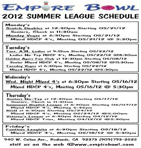 Page 2 BOWLING NEWS May 3, 2012 MISSION HILLS BOWL 2012 SUMMER LEAGUE SCHEDULE 10430 SEPULVEDA BLVD.
