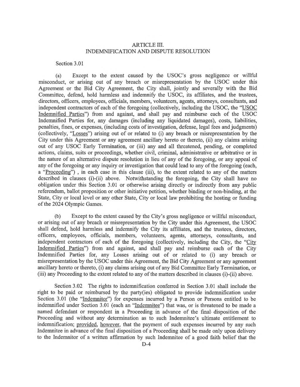 ARTICLE III. INDEMNIFICATION AND DISPUTE RESOLUTION Section 3.