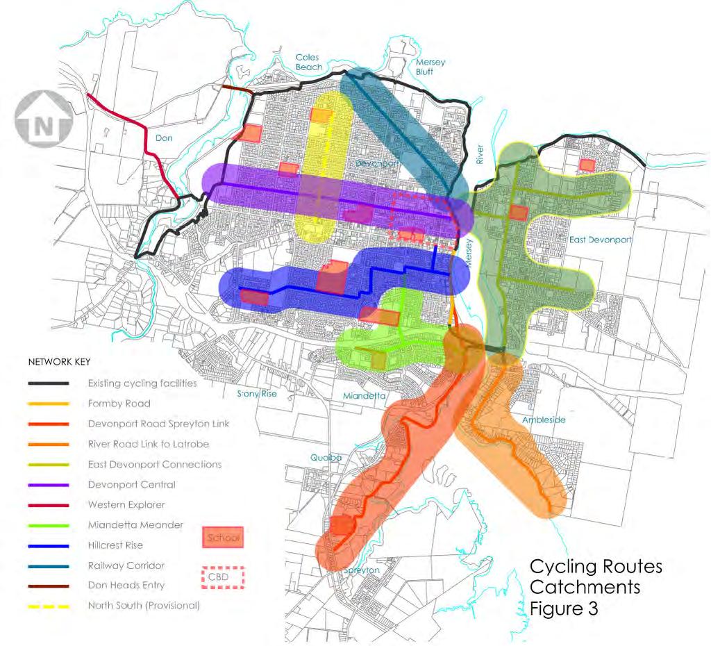 Key Cycling Routes East Devonport Connections Linking to the main shopping centre, primary school, recreation facilities and foreshore path; utilizing Wright Street with side links in John, Thomas