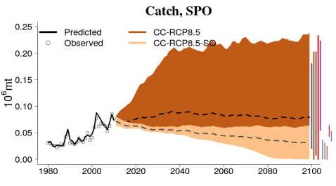 Albacore Figure 9: Envelope of predictions for exploited biomass (top) and catch (bottom) of albacore computed from simulation ensembles under IPCC