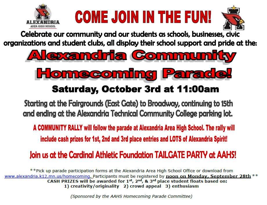 Parade Participation Forms available on AAHS website Go to Activities tab; pull down to Homecoming. LOOKING AHEAD Friday Sept.