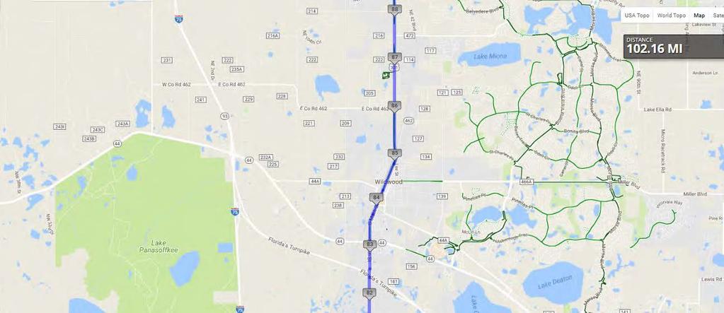 82-88 Continue NORTH on US-301 towards Florida Turnpike and Wildwood. 82.5 Carefully cross under Florida Turnpike. 82.5 Unsupported SAG at Indian River Fruit Stand. Restrooms. 83.