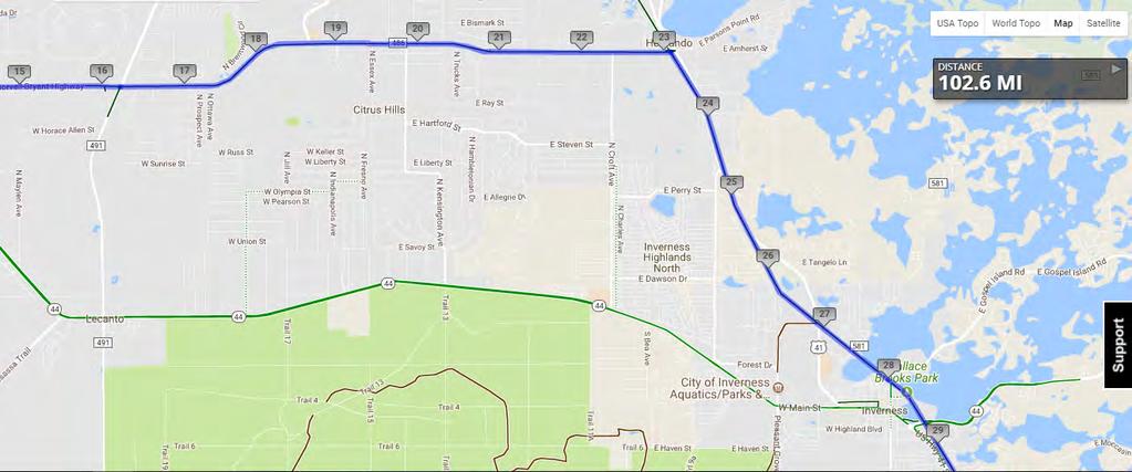 STAGE #1 102 MILE BIKE Mile 15-28 12.3-23.05 Continue EAST on Bike Path adjacent to West Norvell Bryant Hwy, County Hwy 486. 15.9 Continue EAST, crossing Lecanto Hwy CR491 at Walmart, McDonalds. 16.