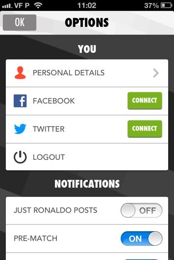 Here you can access the many features of Viva Ronaldo.