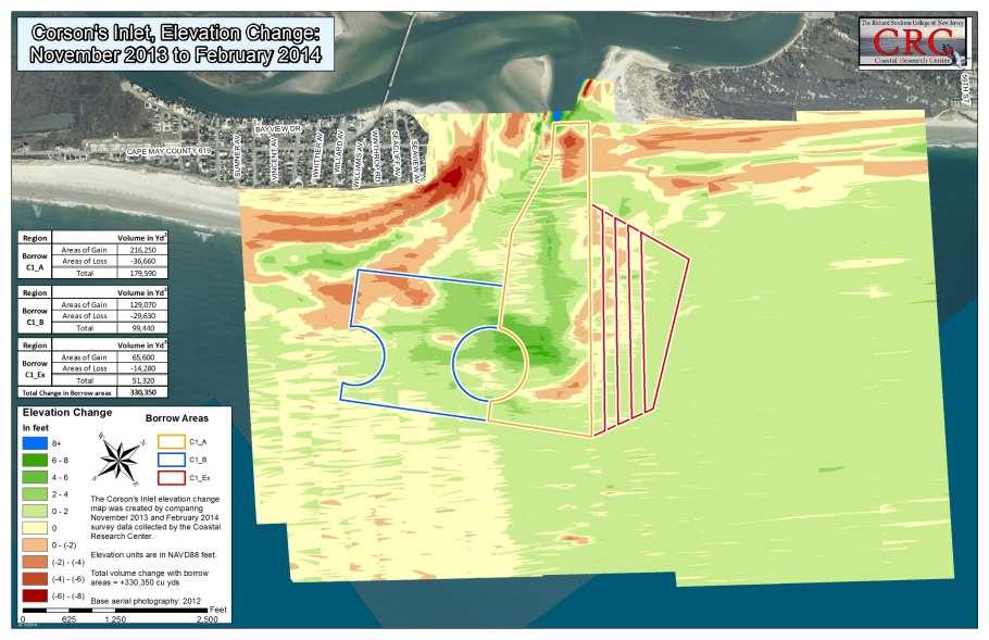 Figure 19. The elevation change map above for November 2013 to February 2014 again shows elevation changes on the beach, nearshore and offshore at Corson s Inlet.
