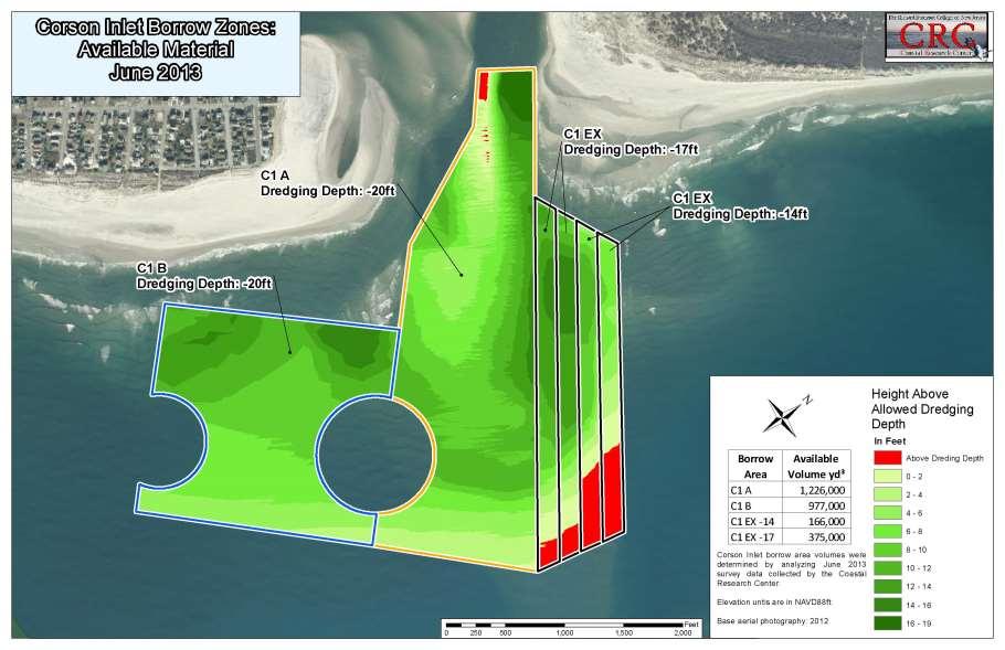 Figure 20. The above map shows the available sand within the defined borrow zones as of June 2013.