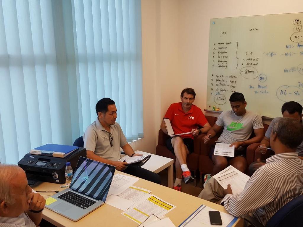 SCOUTING FOR THE FUTURE FOR SINGAPORE FOOTBALL NFA Coaches in discussion with General Manager S Rajan